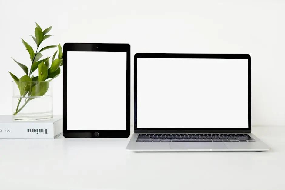 Modern minimalist workspace featuring a laptop and tablet on a white desk with green plant.