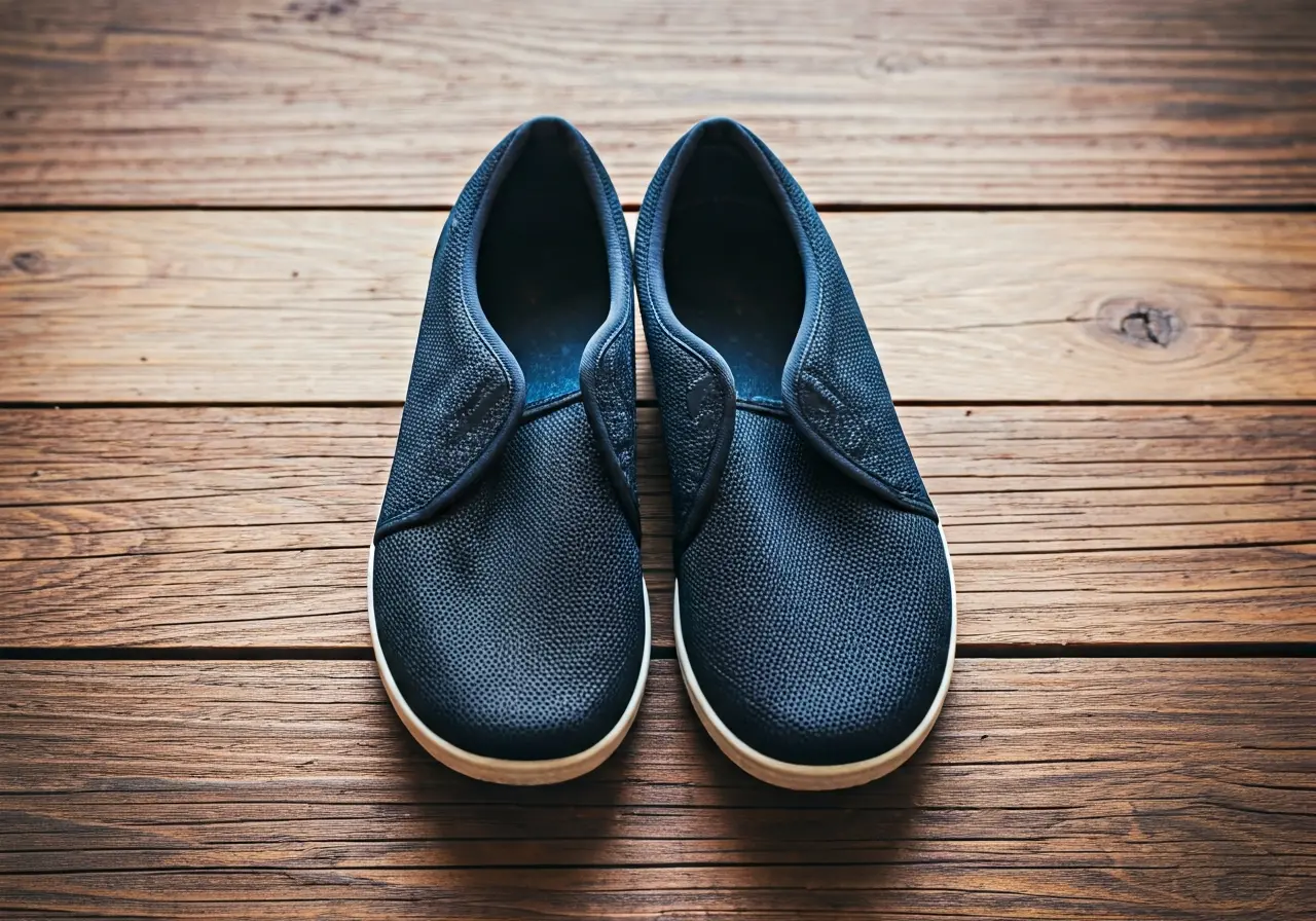 A pair of zero drop shoes on a rustic wooden floor. 35mm stock photo