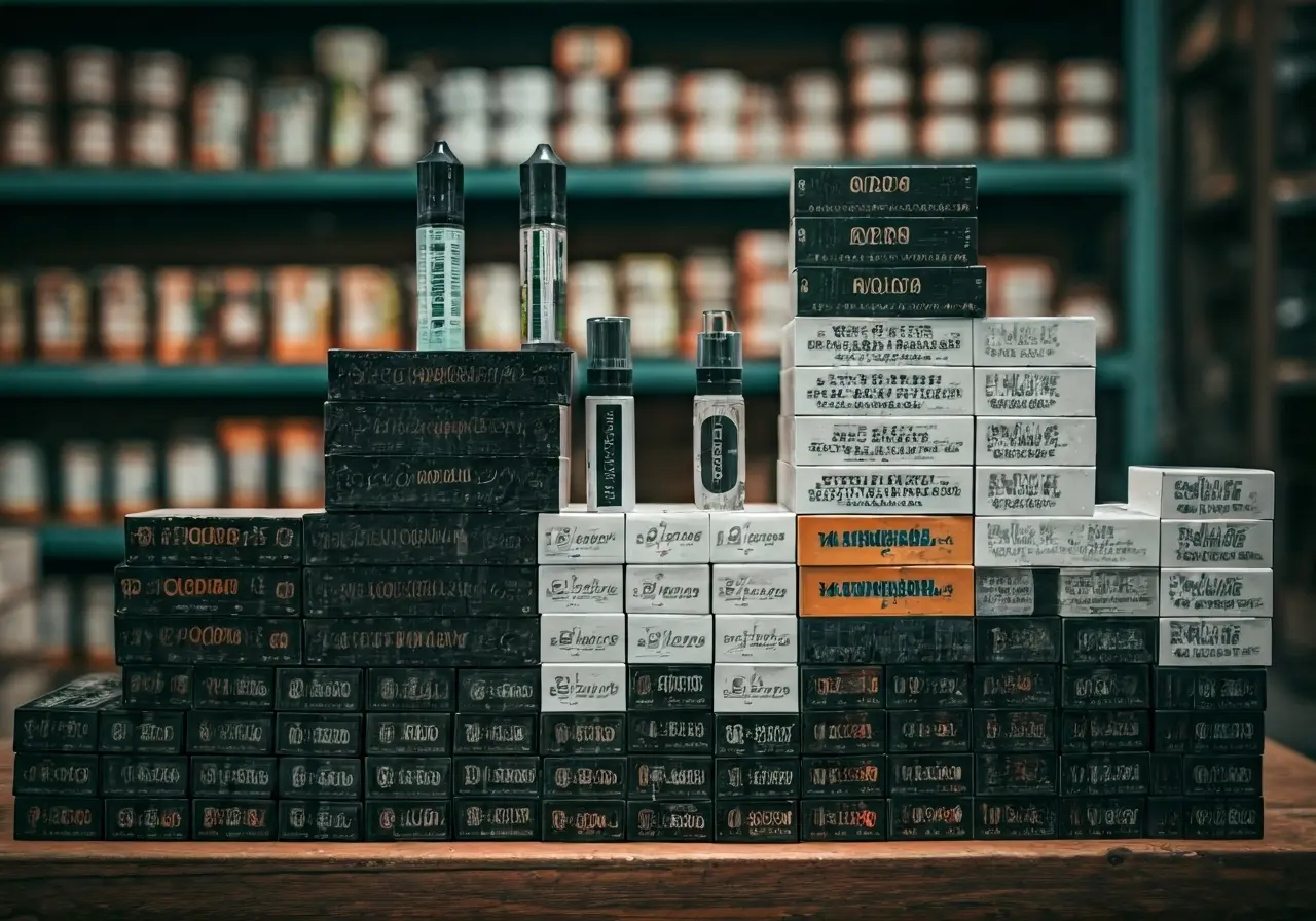 Stacks of assorted vape products in a warehouse setting. 35mm stock photo