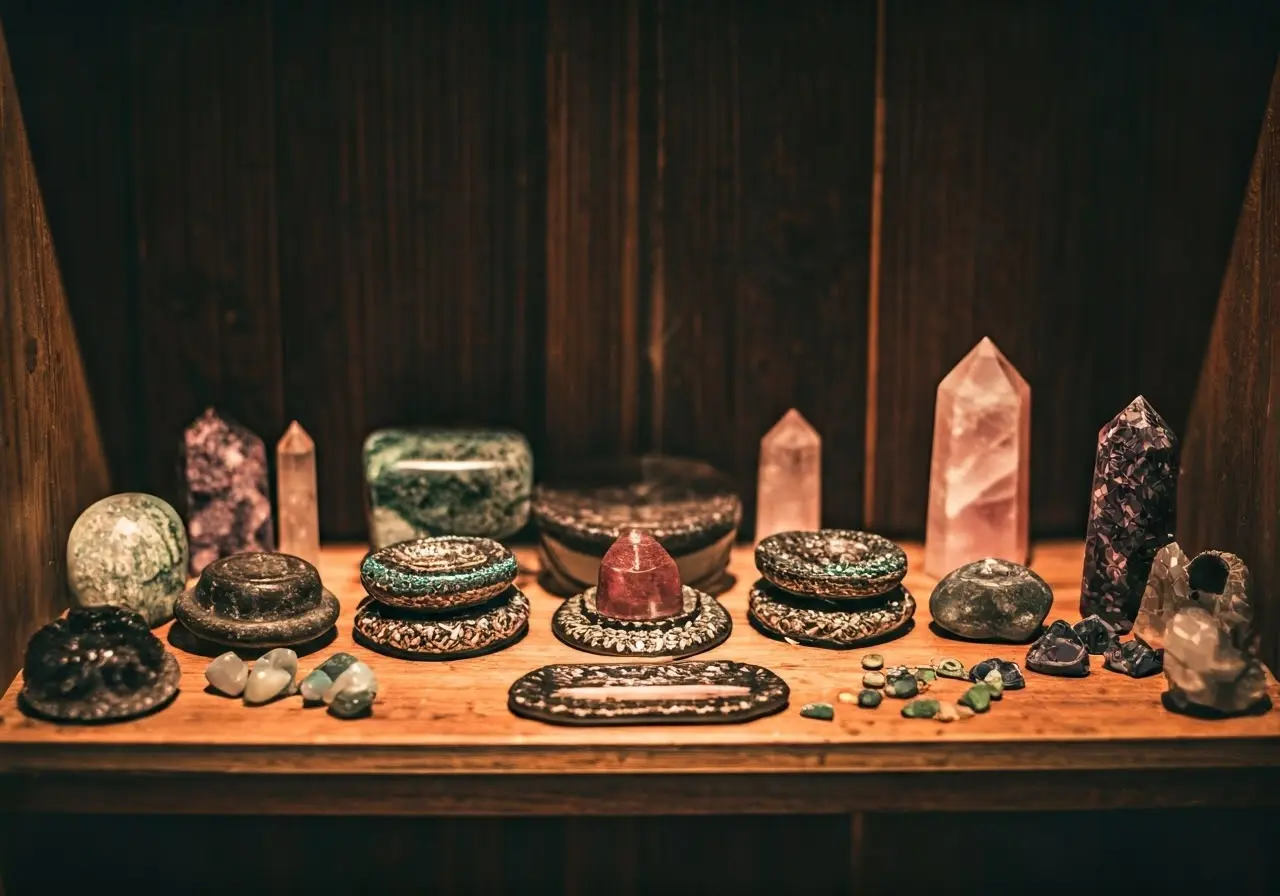 A shelf filled with colorful crystals and incense holders. 35mm stock photo