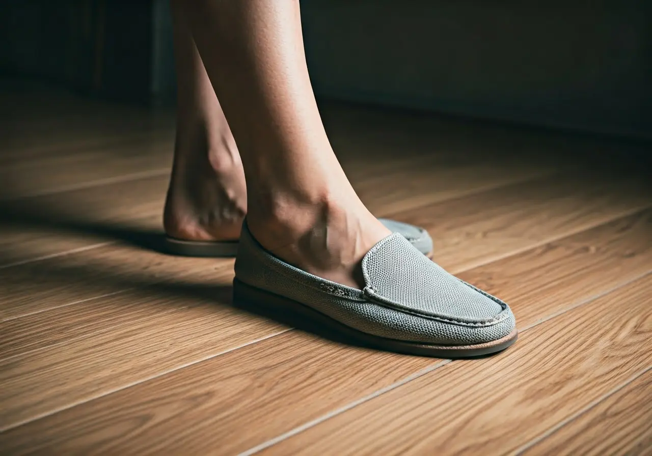 A pair of stylish barefoot casual shoes on a wooden floor. 35mm stock photo