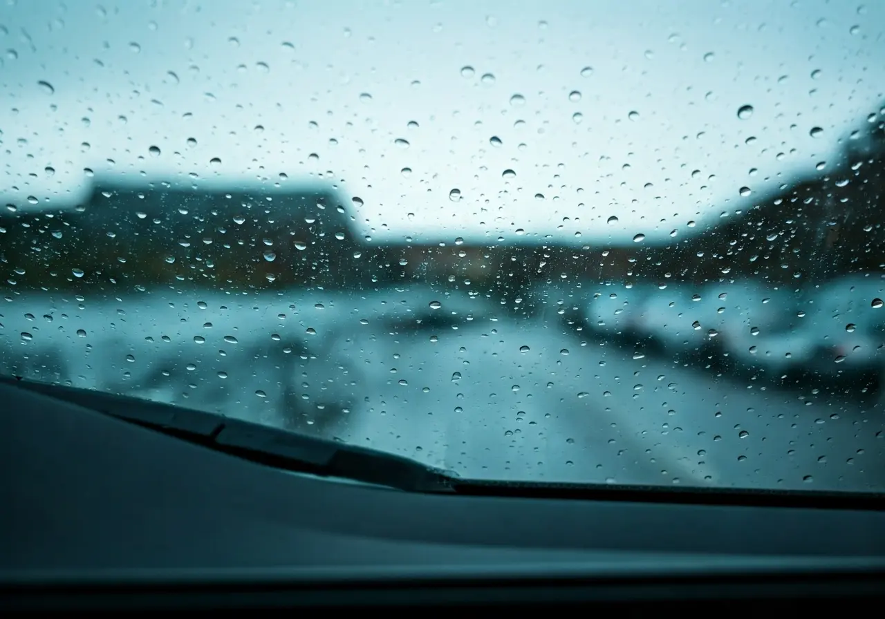 A close-up of a newly repaired windshield with raindrops. 35mm stock photo