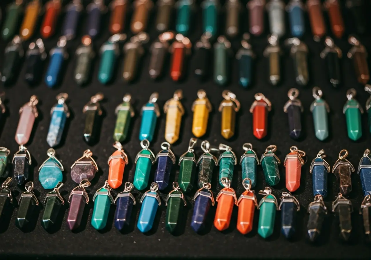 A collection of colorful crystal pendants displayed on a table. 35mm stock photo