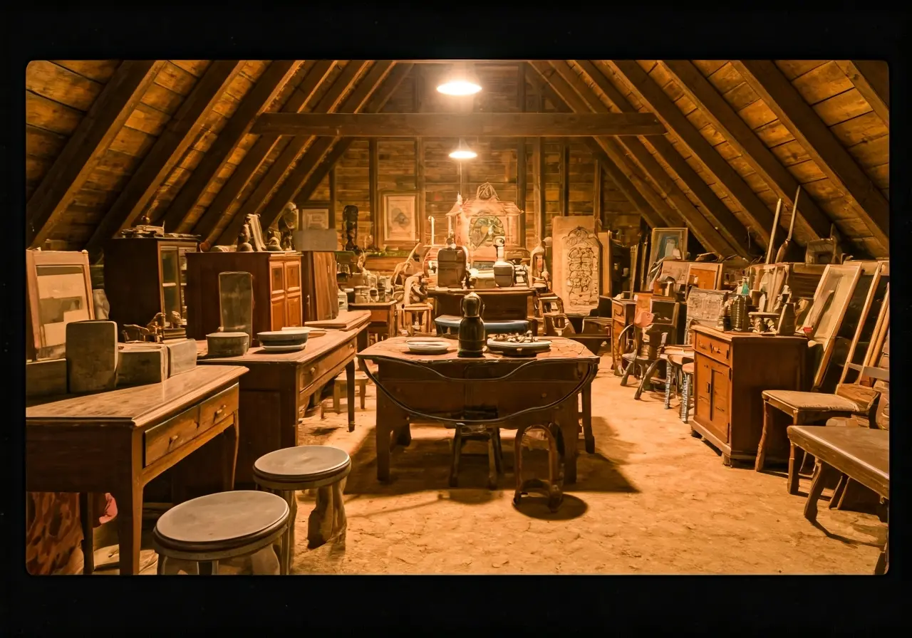 A cluttered attic filled with old furniture and antiques. 35mm stock photo