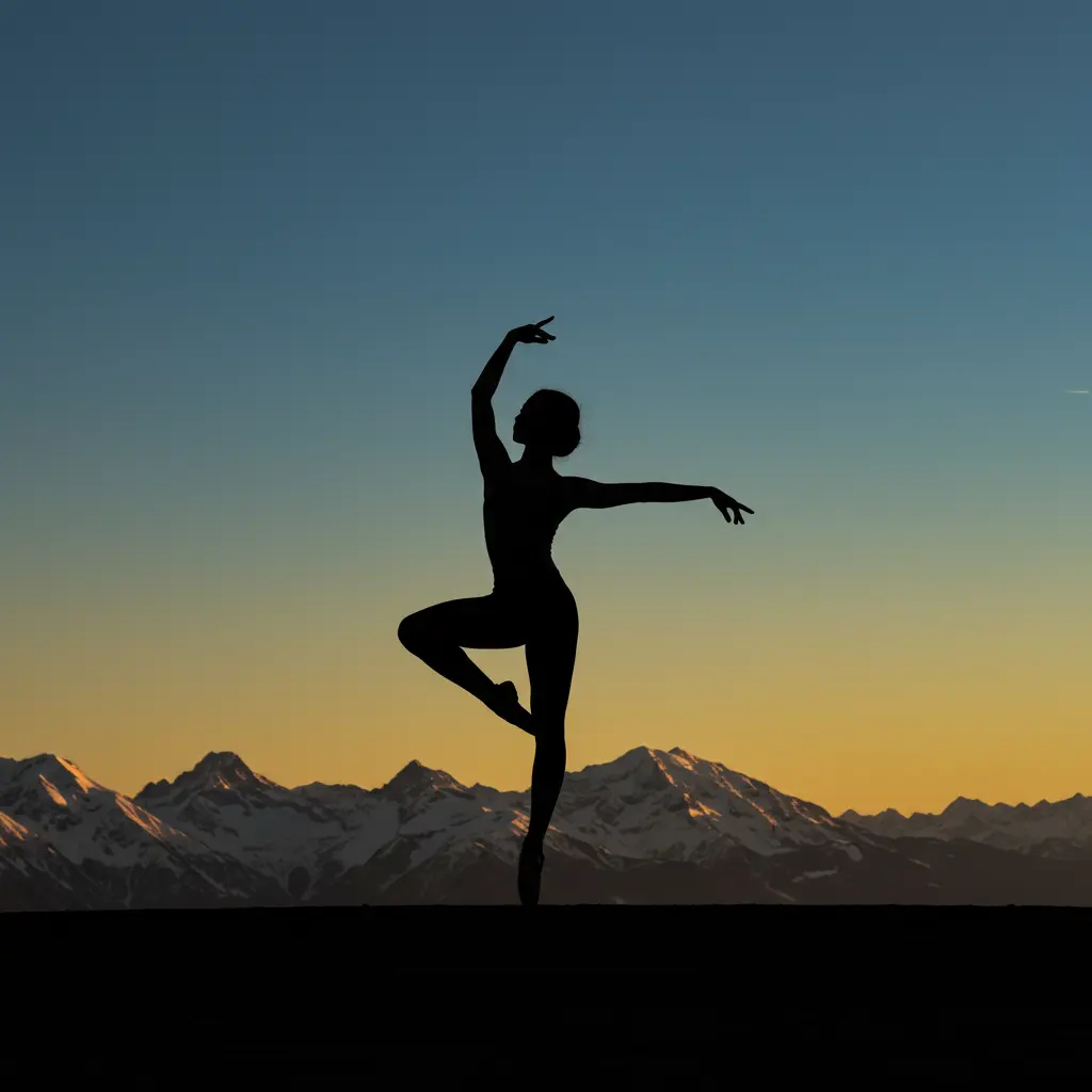 Silhouette of a dancer in front of mountains.