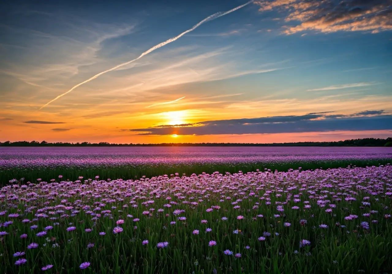 A serene sunset over a tranquil field with flowers. 35mm stock photo