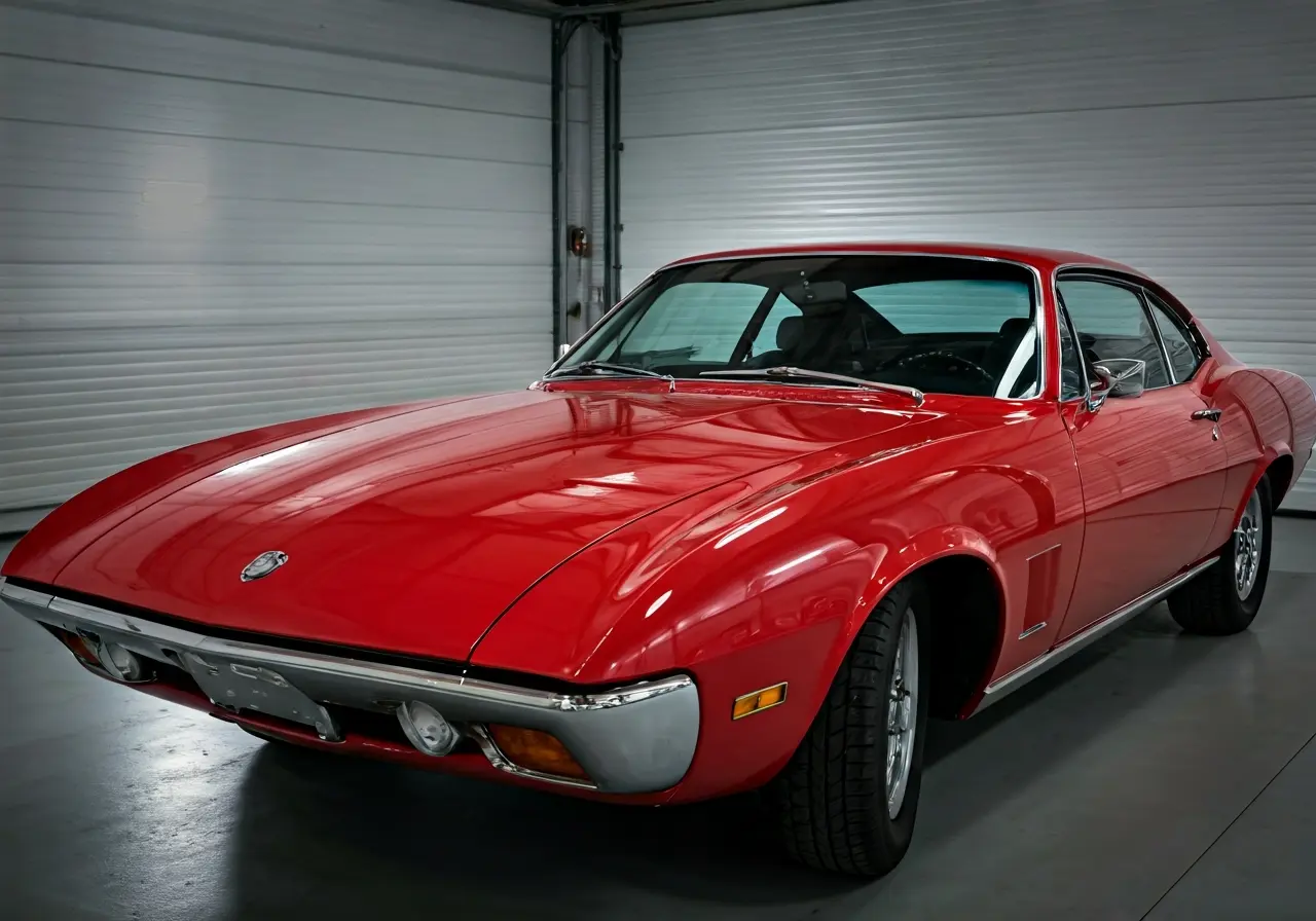 A shiny red car reflecting light in a garage. 35mm stock photo