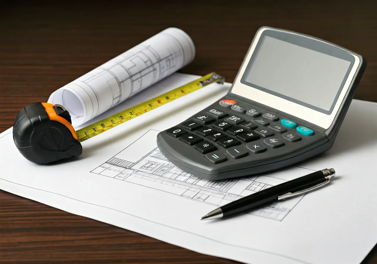 A calculator, house blueprint, and tape measure on a desk. 35mm stock photo
