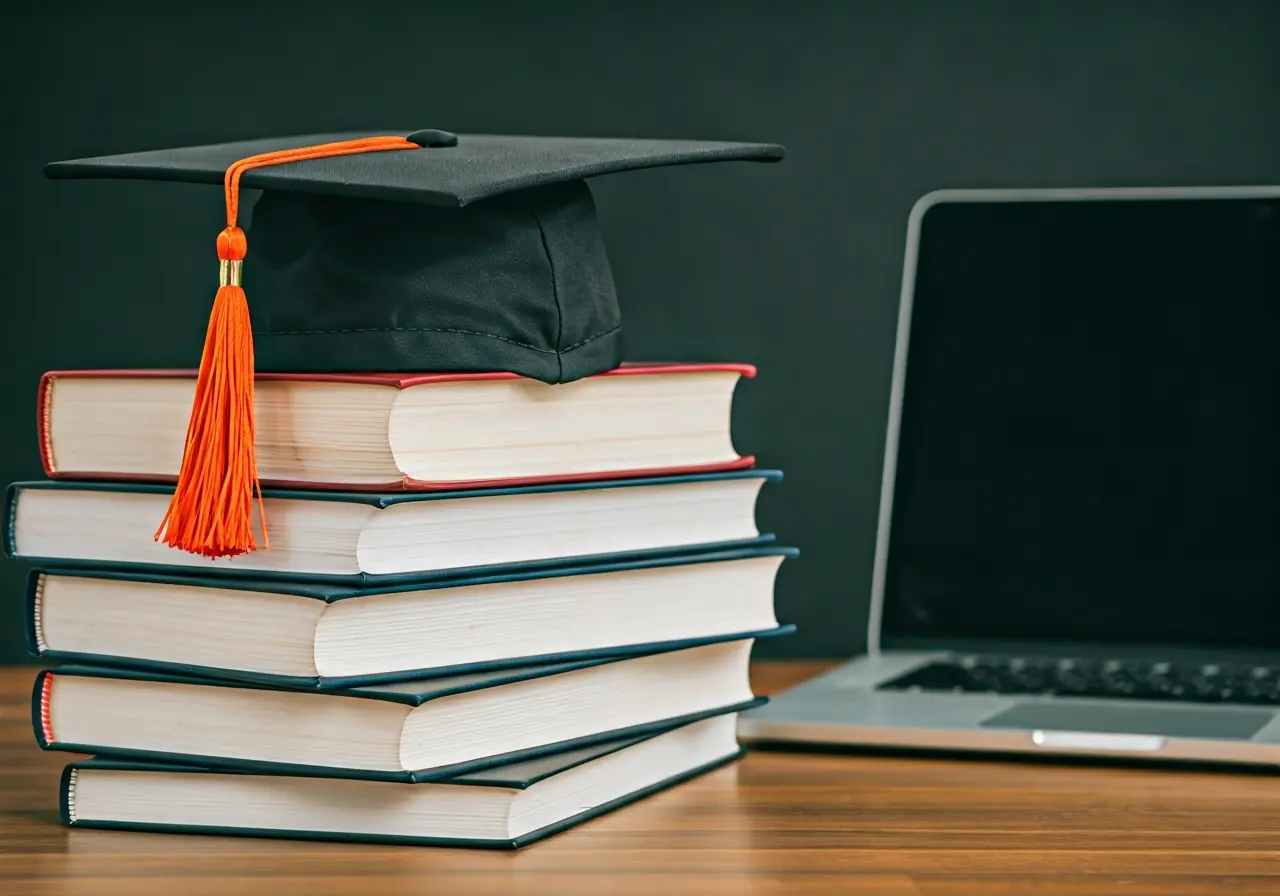 A stack of books and a laptop beside graduation cap. 35mm stock photo