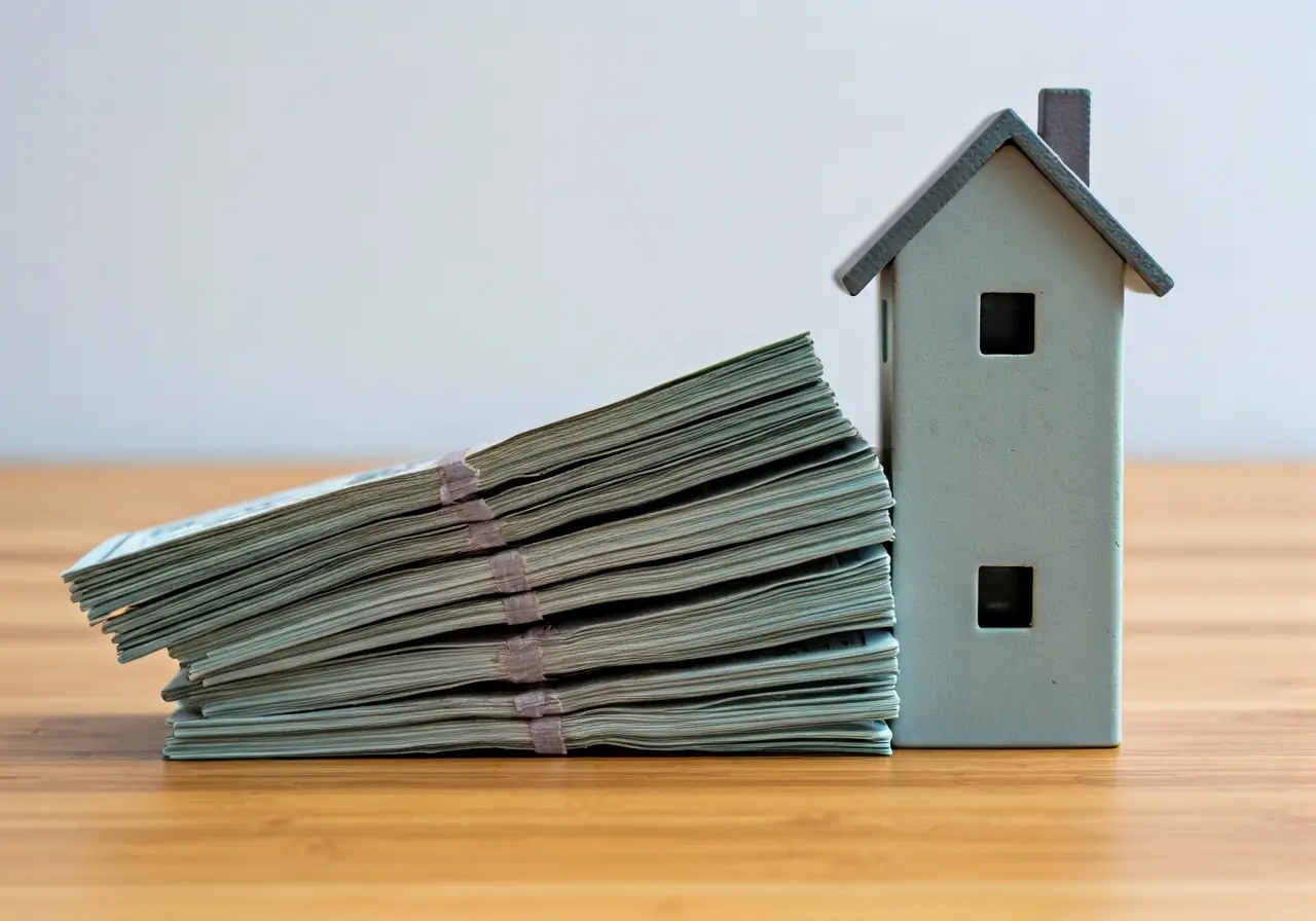A stack of cash with a house model beside it. 35mm stock photo
