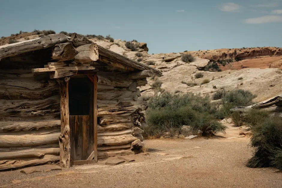 Rustic log cabin nestled in the dramatic Utah desert landscape, capturing the essence of rugged frontier life.