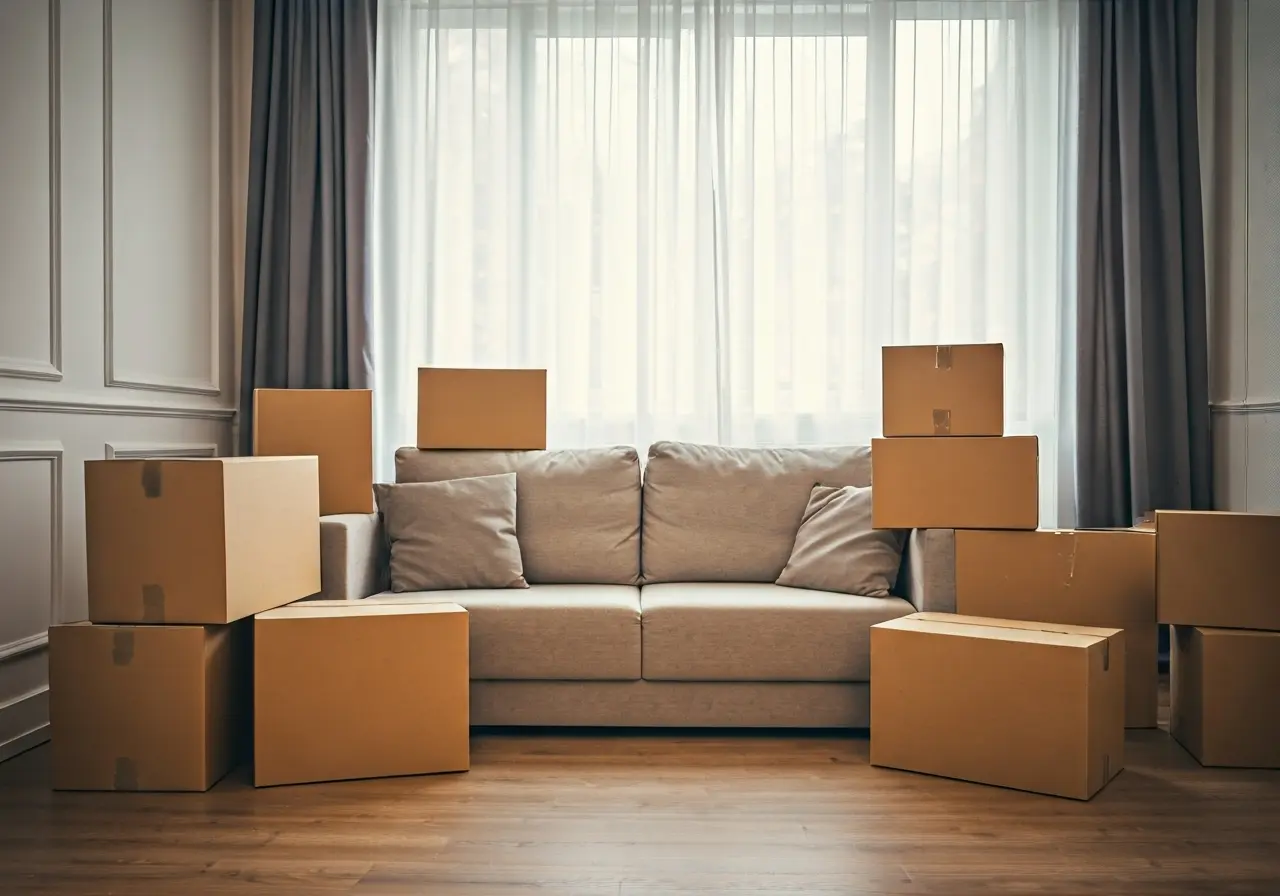 A cozy living room filled with neatly packed moving boxes. 35mm stock photo