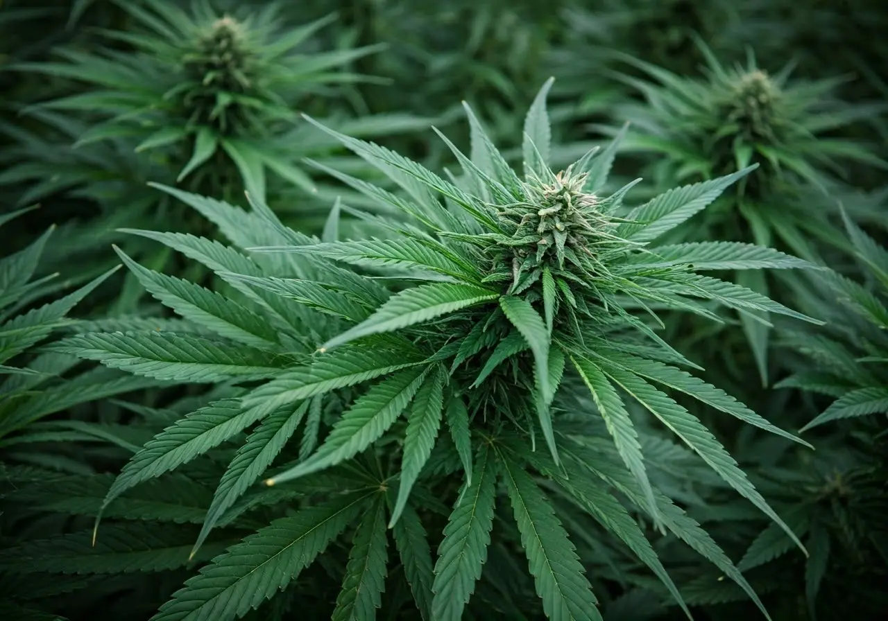 Hemp plants being harvested in a large green field. 35mm stock photo