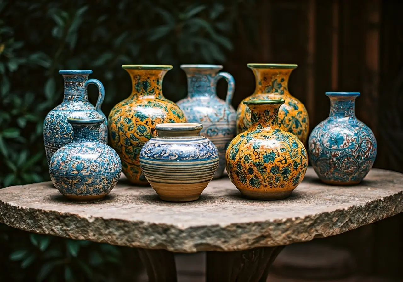 A rustic stone table adorned with colorful ceramic vases. 35mm stock photo