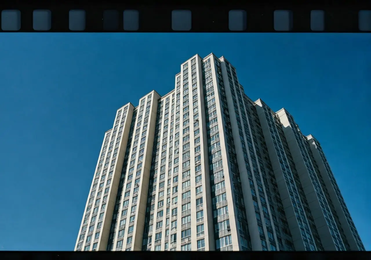 A sleek high-rise apartment building under a clear blue sky. 35mm stock photo