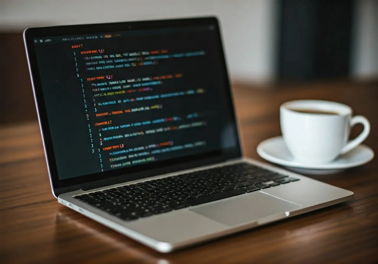 A laptop displaying app code with a cup of coffee. 35mm stock photo