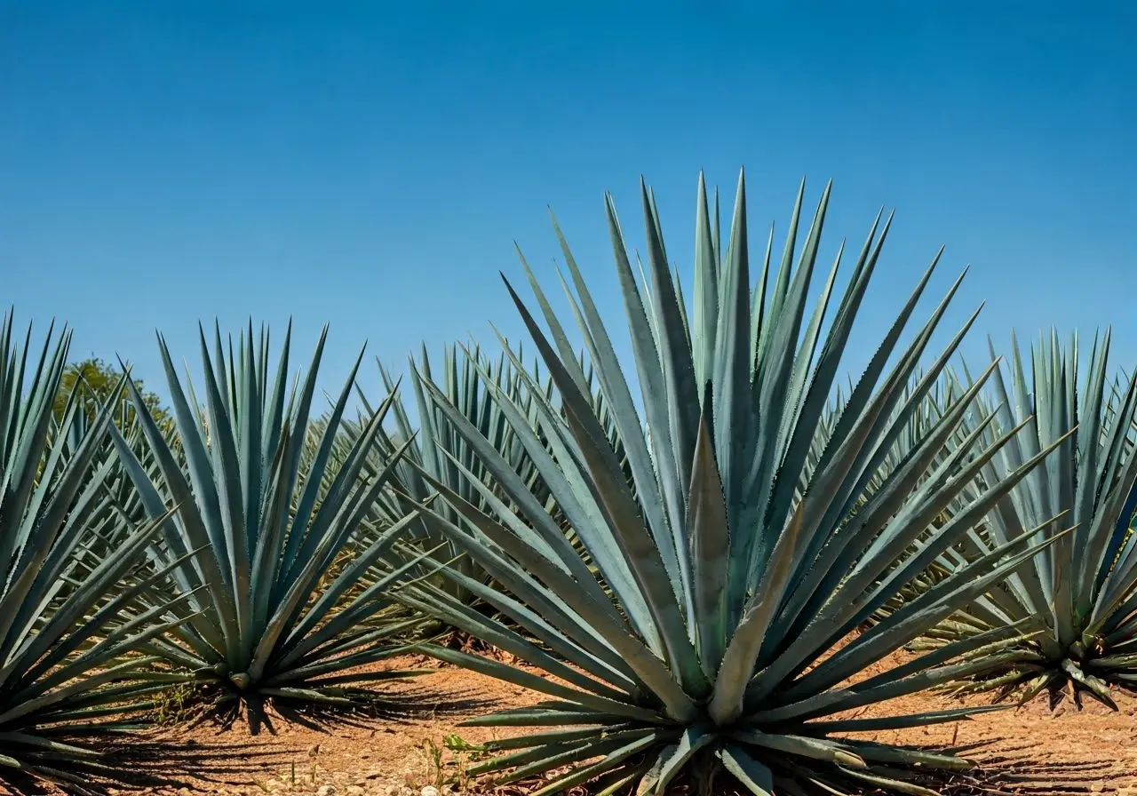 Vibrant agave fields under a clear blue sky. 35mm stock photo