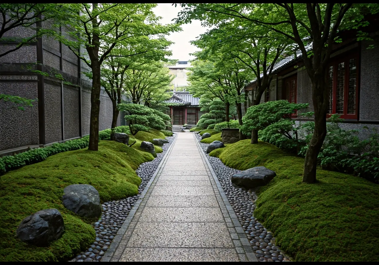 A serene zen garden beside a bustling urban street. 35mm stock photo
