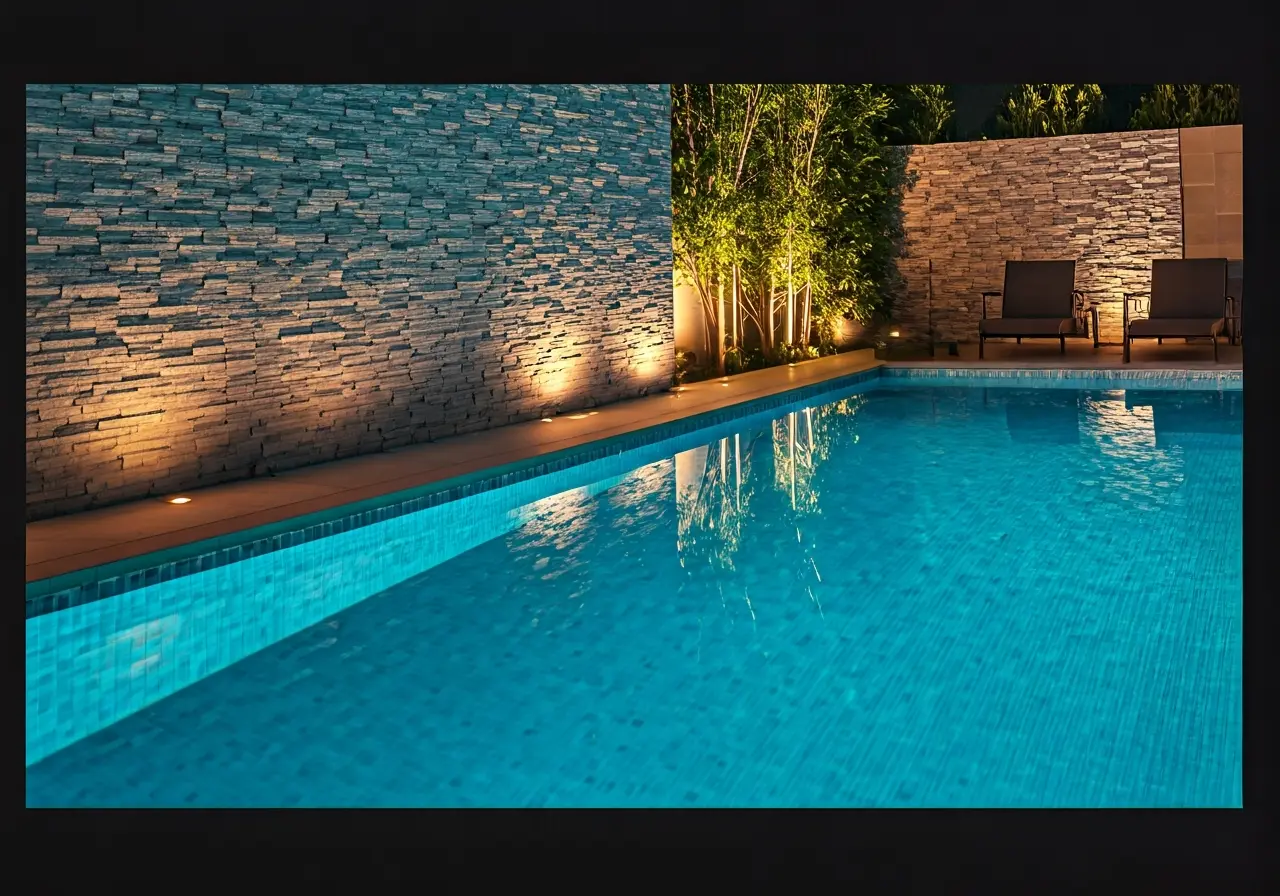 An elegant pool with modern stone tiles and underwater lights. 35mm stock photo
