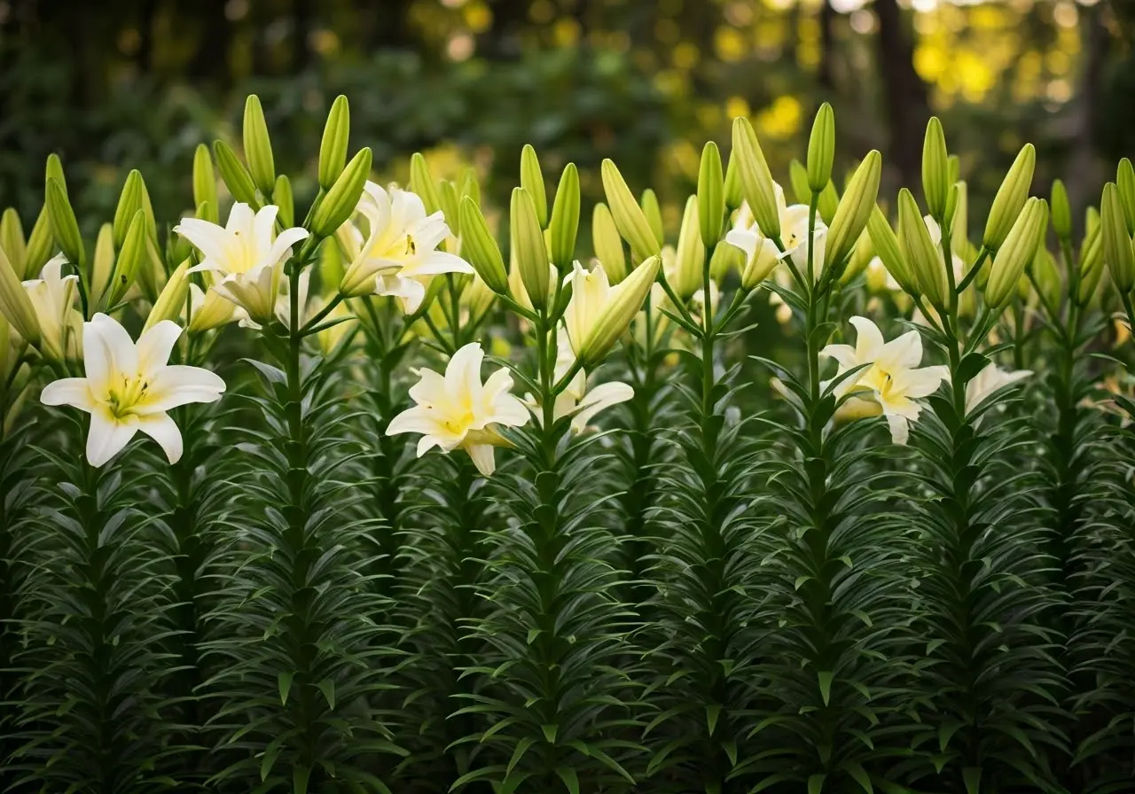 A serene garden with blooming white lilies in sunlight. 35mm stock photo