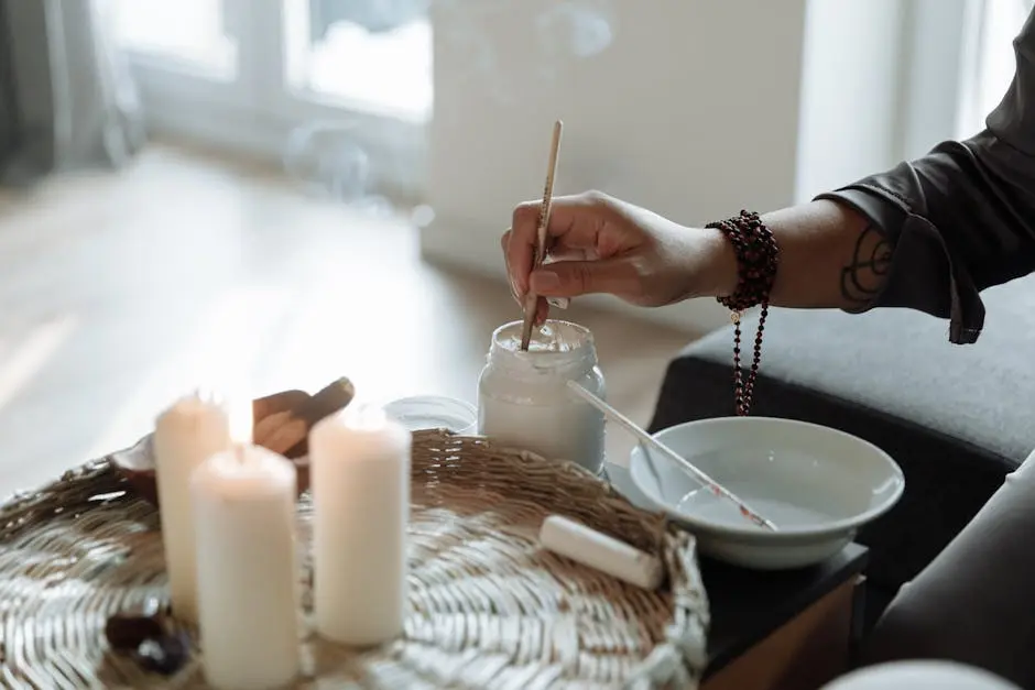A calming indoor scene with candles and a person engaging in a meditation ritual for relaxation and self-care.