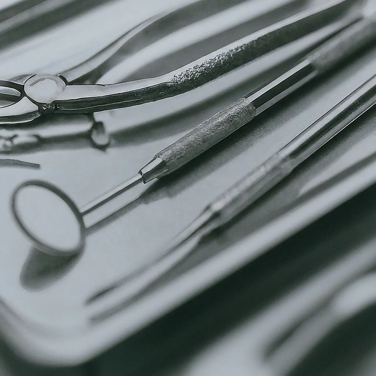 Close-up of dental tools on a sterile tray. 35mm stock photo