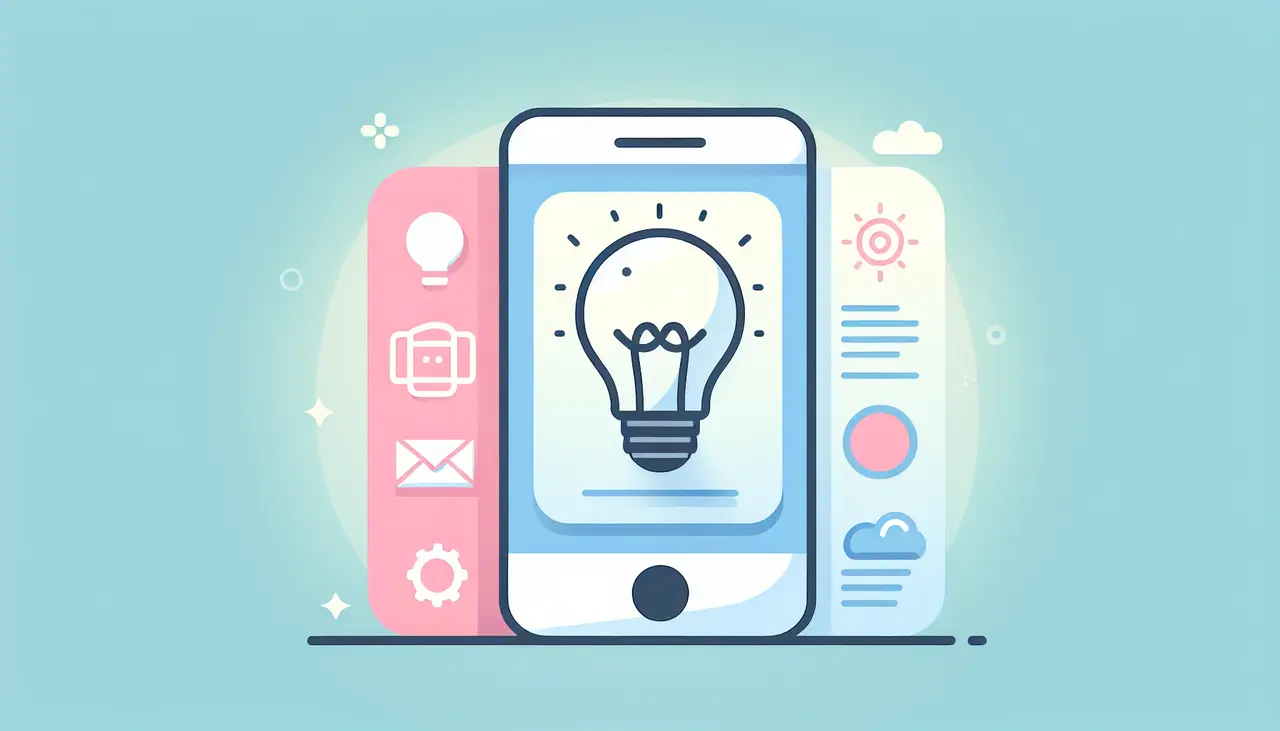 Draw a graphic in flat design style. A flat design illustration of a smartphone screen displaying a simplified app interface, with a lightbulb above it symbolizing innovative ideas, set against a clean, pastel background.