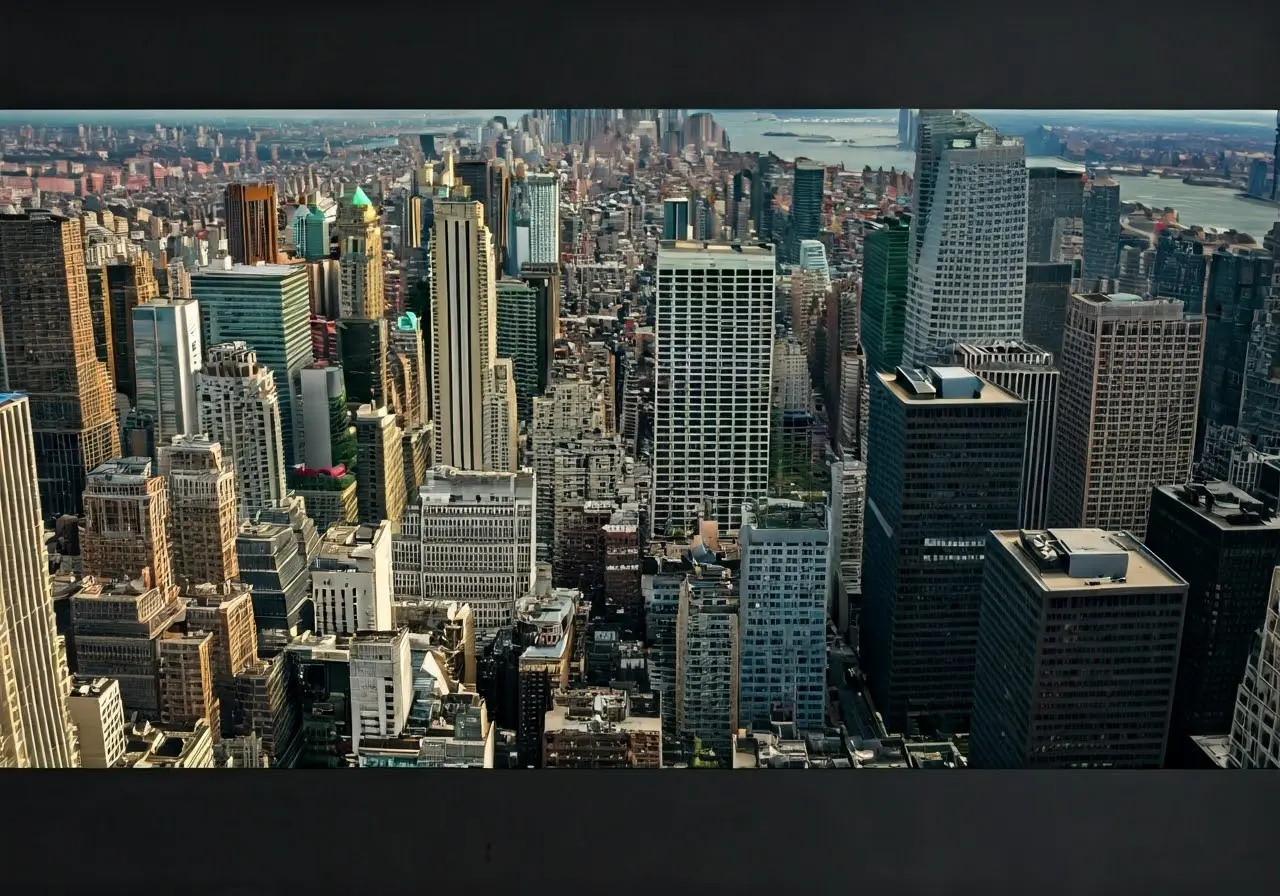 Aerial view of New York City with highlighted real estate signs. 35mm stock photo