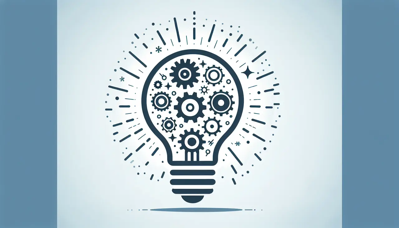 Draw a graphic in flat design style. An image of a lightbulb with gears inside it, symbolizing innovation and development, placed centrally against a clean white background.