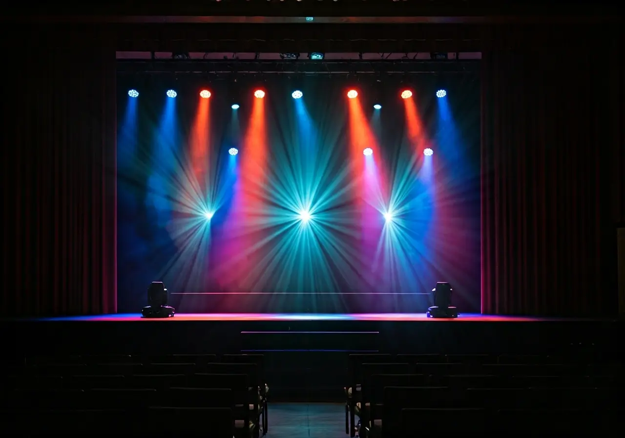 Colorful stage lights illuminating an empty event venue. 35mm stock photo
