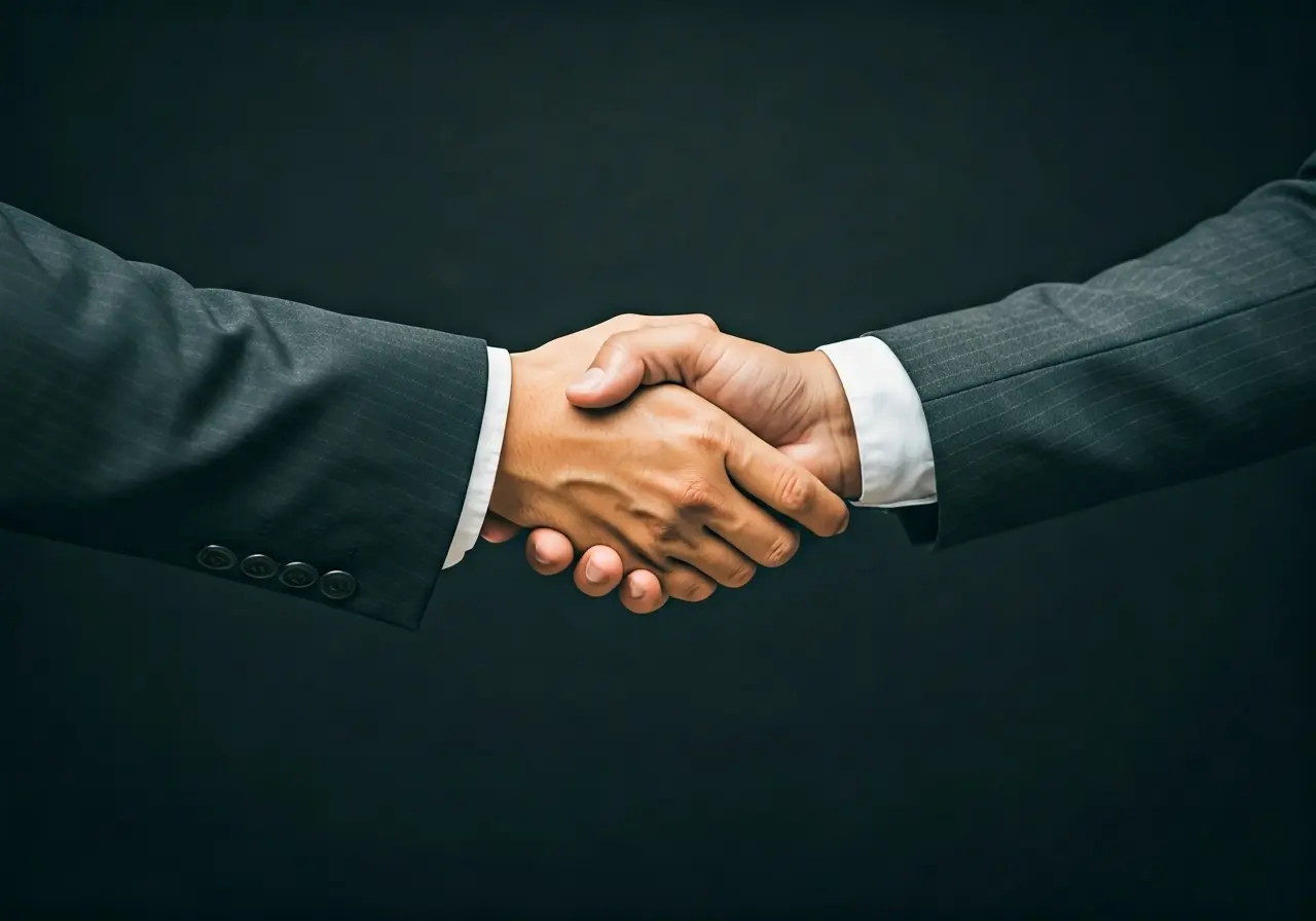A handshake between two executives symbolizing a successful merger. 35mm stock photo