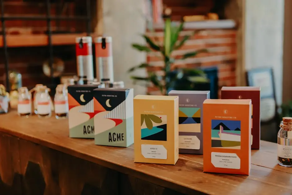 A variety of vibrant coffee packages displayed on a wooden counter in a cozy cafe setting.