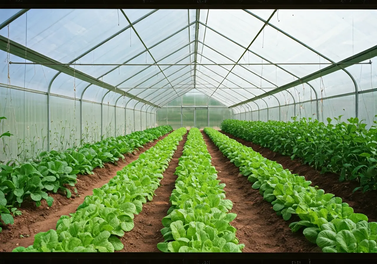 A modern greenhouse with vibrant crops growing inside. 35mm stock photo