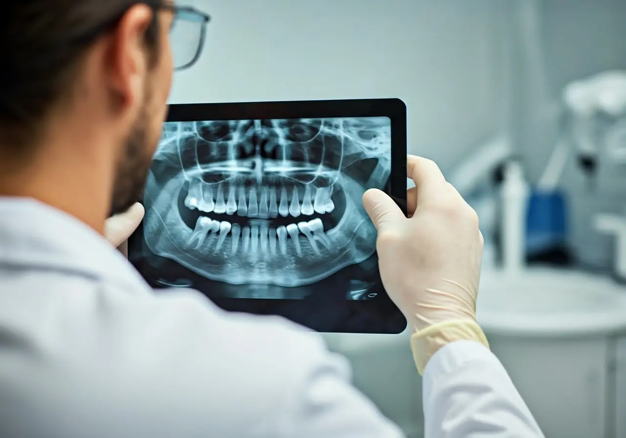 A dentist examining an X-ray of a patient’s teeth. 35mm stock photo