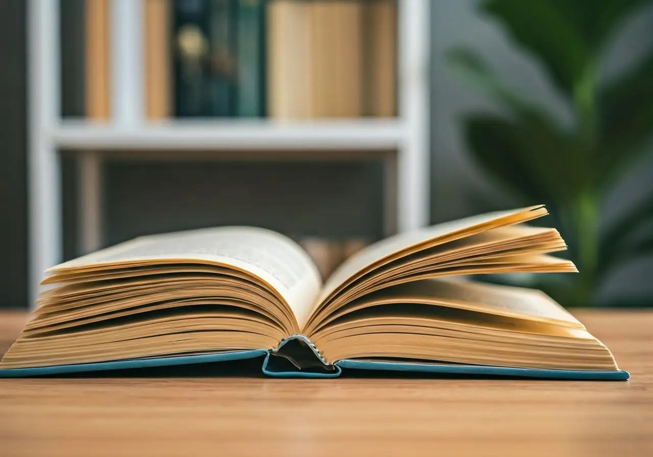 A calming home setting with open self-help books. 35mm stock photo