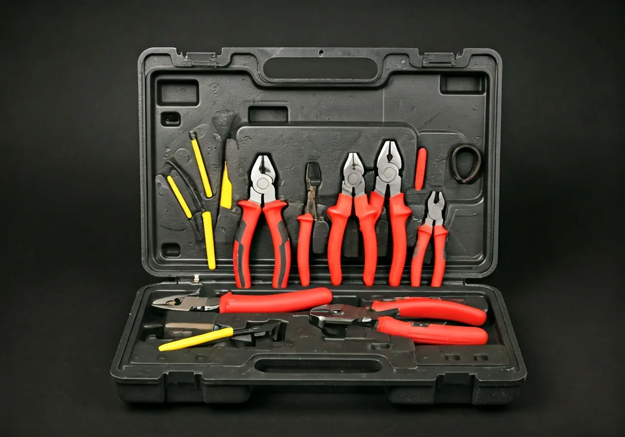 A neatly organized toolbox with various electrical tools inside. 35mm stock photo