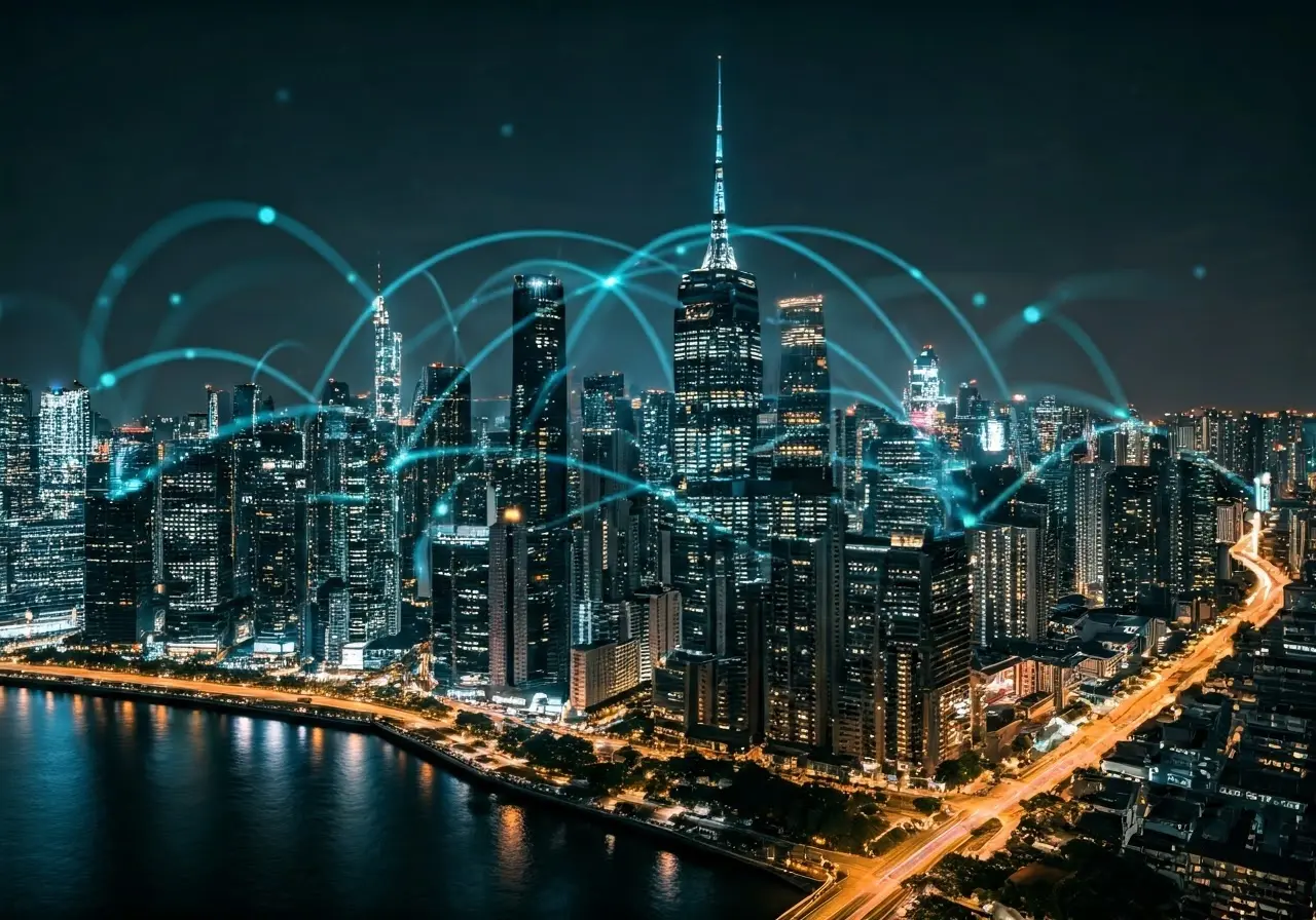 A futuristic cityscape with digital networks overlaying the skyline. 35mm stock photo