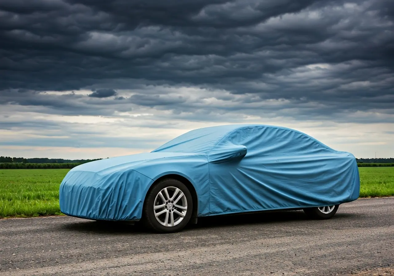 A car shielded by a weatherproof cover under a stormy sky. 35mm stock photo