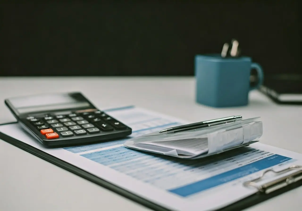 A calculator, charts, and documents on a modern desk. 35mm stock photo