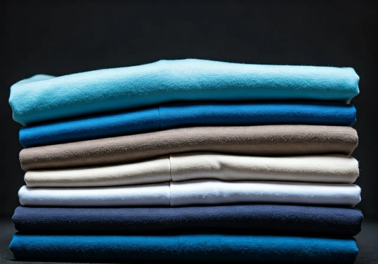 A neatly folded stack of colorful cotton T-shirts. 35mm stock photo