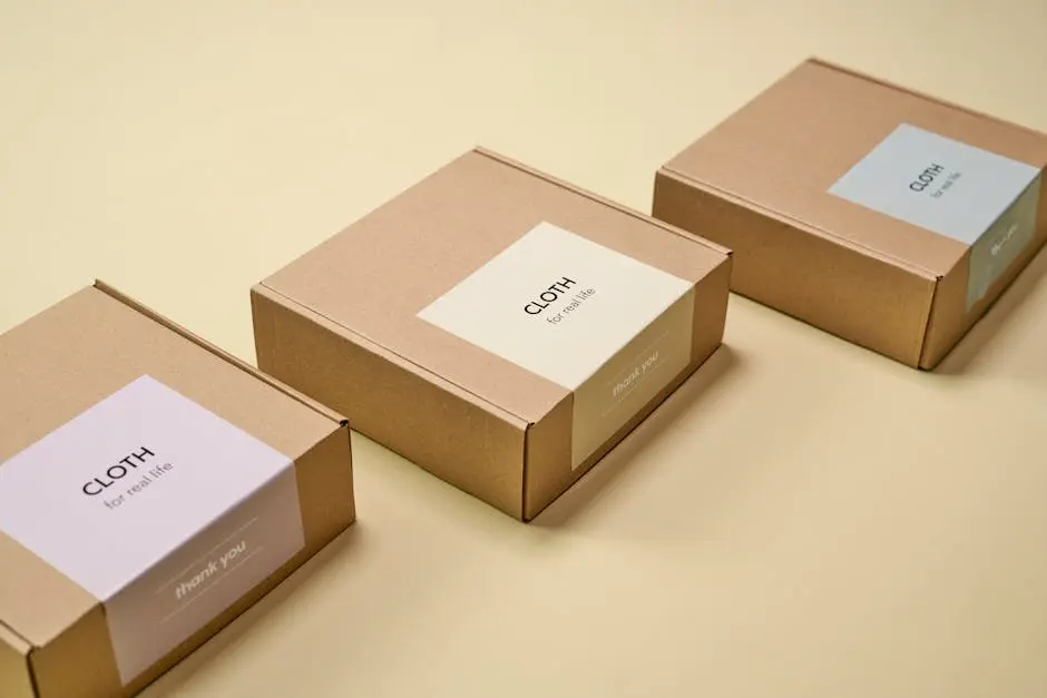 Three minimalist cardboard packages labeled ‘CLOTH’ on a yellow background.