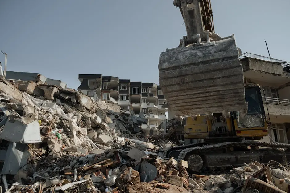 Powerful excavator clearing earthquake debris amidst building ruins in Antakya, Turkey.