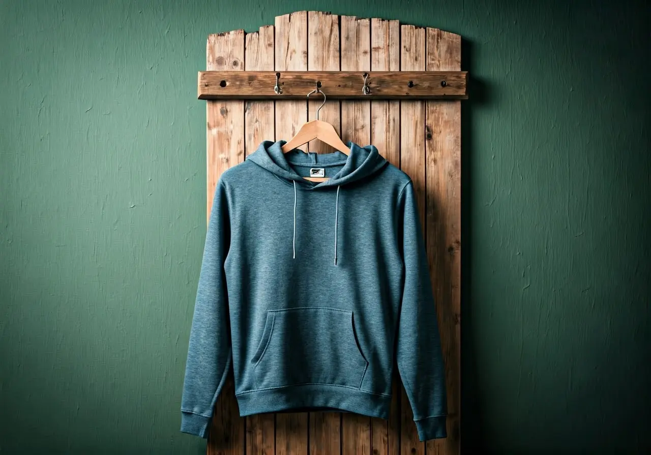 A stylish hoodie hanging on a rustic wooden coat rack. 35mm stock photo