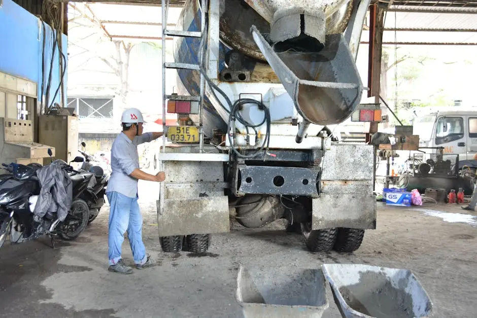 A worker in a hard hat inspects a cement mixer truck inside a garage, highlighting industry and maintenance.