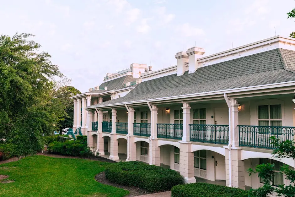 Charming view of a classic hotel exterior at Lake Buena Vista, Florida, ideal for travel and architecture enthusiasts.
