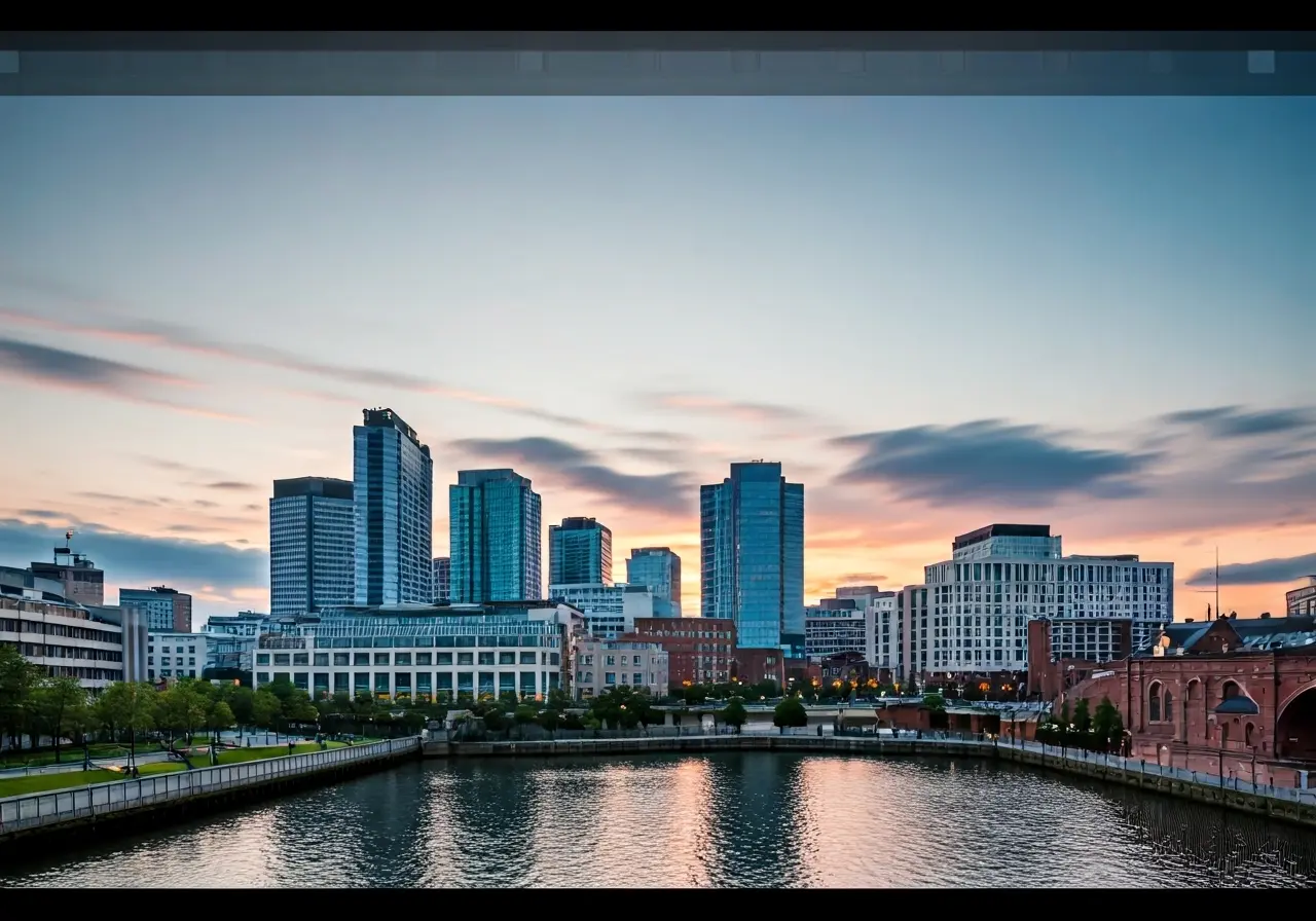 A peaceful Birmingham skyline at sunset with calm clouds. 35mm stock photo
