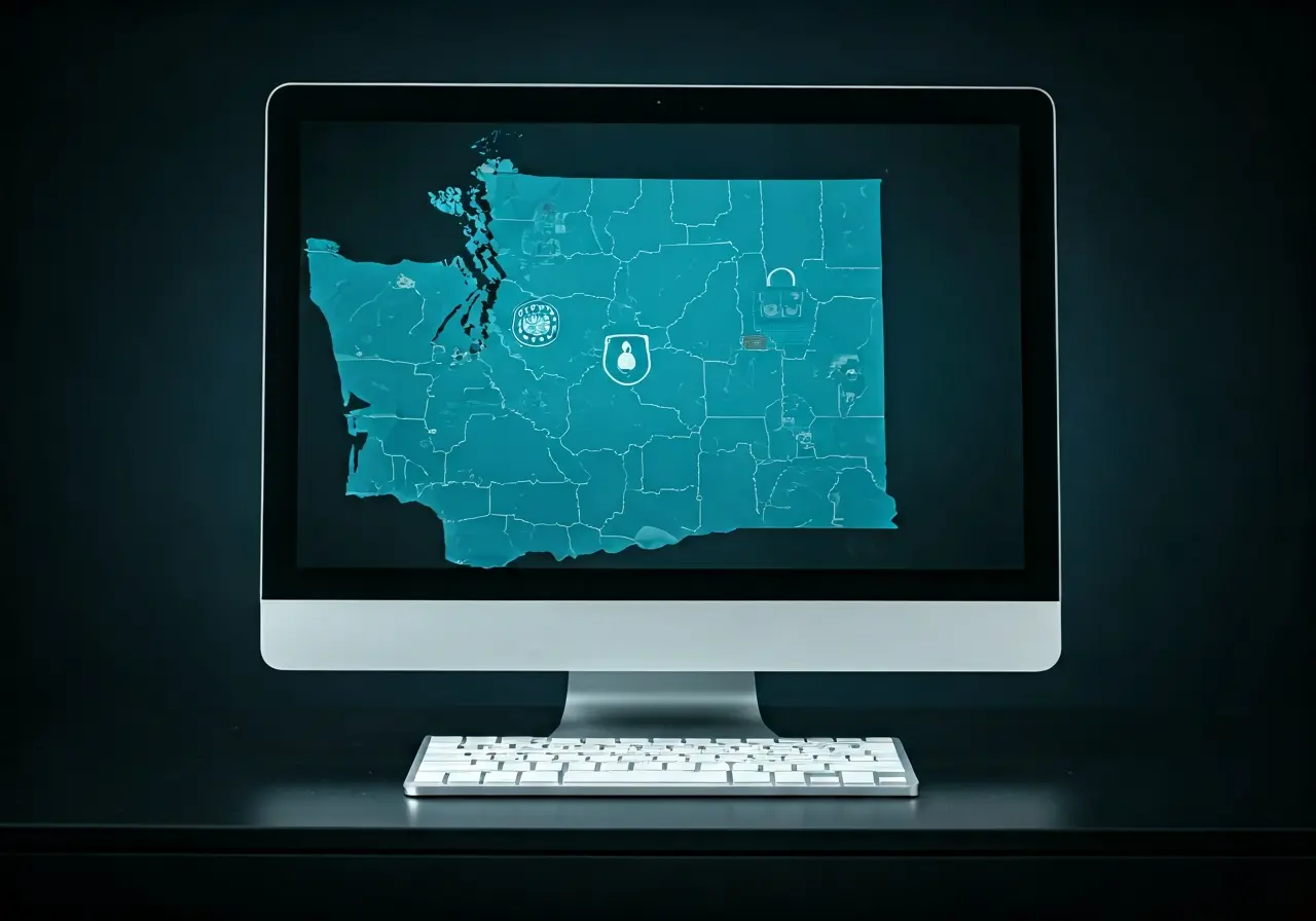 A computer with cybersecurity icons over Idaho and Washington maps. 35mm stock photo