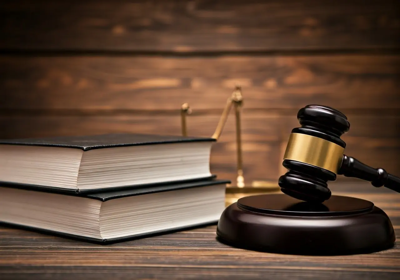 A gavel and law book on a wooden desk. 35mm stock photo