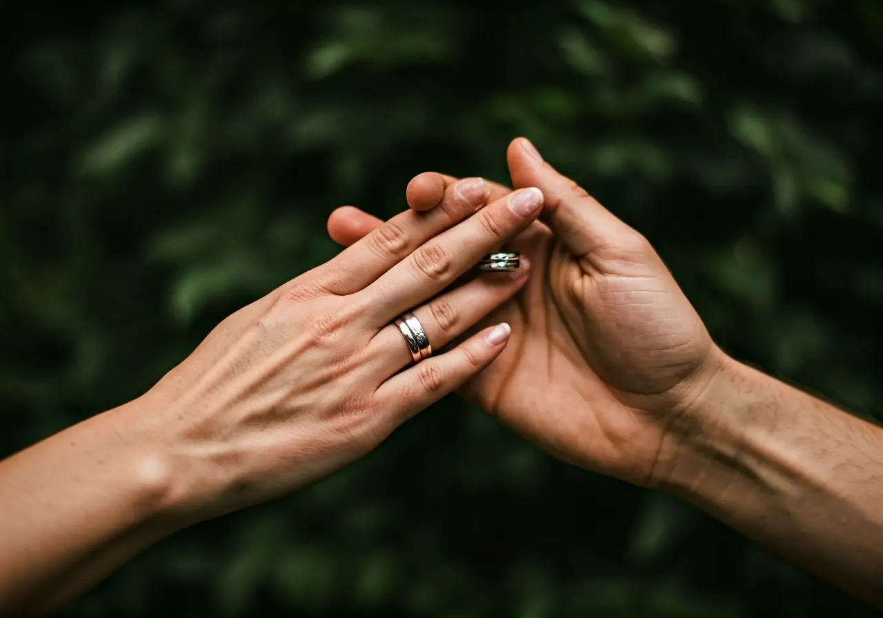 Two hands intertwining with wedding rings in soft focus. 35mm stock photo