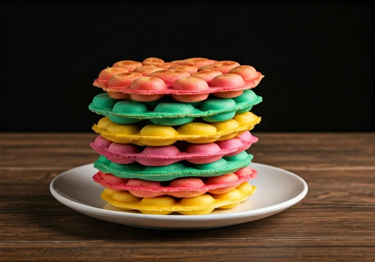 A colorful stack of Hong Kong waffles on a plate. 35mm stock photo